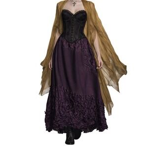 Vintage 90s French Whimsigoth Boho Crinkle Patchwork Plum Purple Maxi Skirt